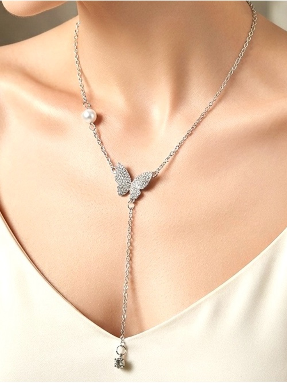 Silver Butterfly Pearl Drop Necklace